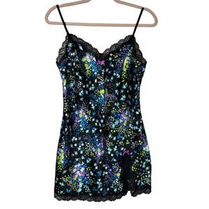Sm Y2K Victorias Secret Black Floral Satin Lace Slip Dress Coquette Bow Romantic